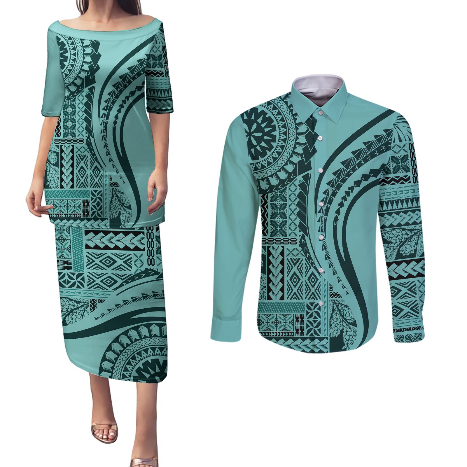 Samoa Siapo Arty Couples Matching Puletasi Dress and Long Sleeve Button Shirt Turquoise Style LT9 Turquoise - Polynesian Pride