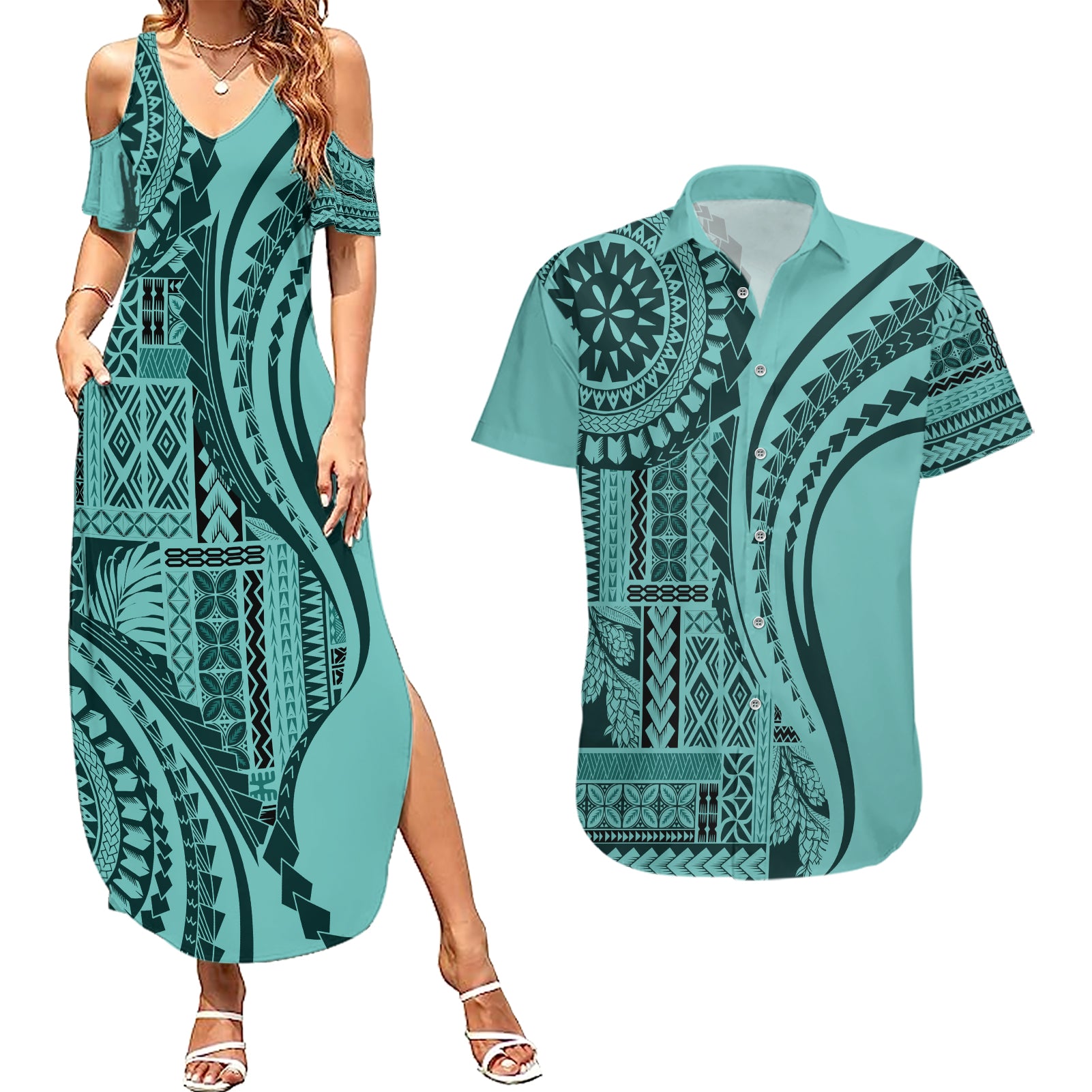 Samoa Siapo Arty Couples Matching Summer Maxi Dress and Hawaiian Shirt Turquoise Style LT9 Turquoise - Polynesian Pride