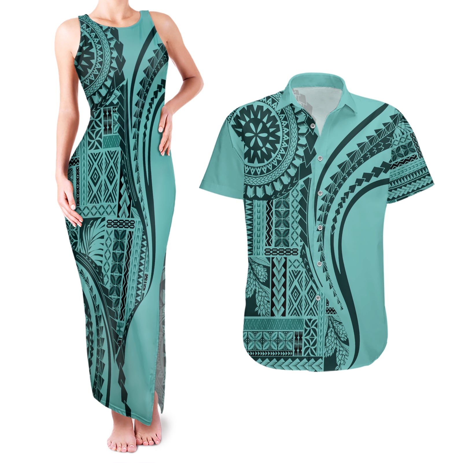 Samoa Siapo Arty Couples Matching Tank Maxi Dress and Hawaiian Shirt Turquoise Style LT9 Turquoise - Polynesian Pride