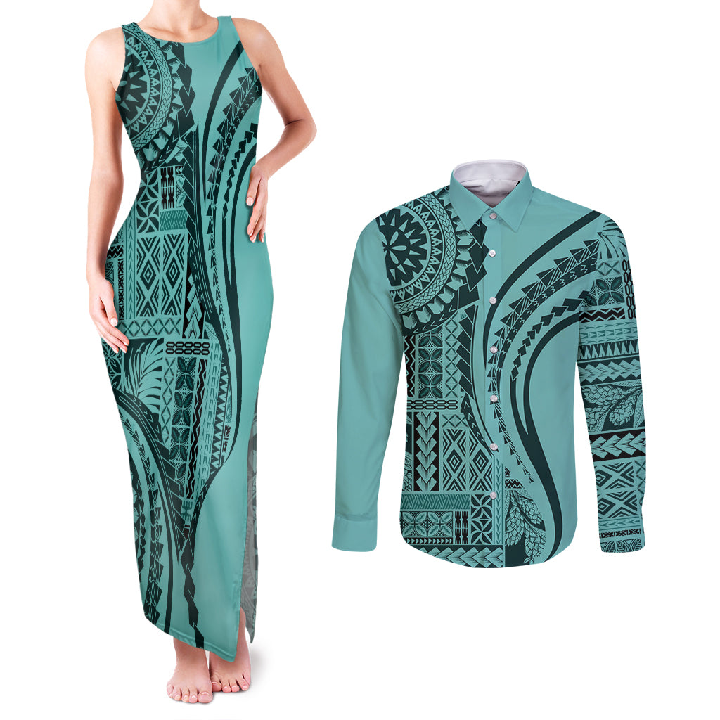 Samoa Siapo Arty Couples Matching Tank Maxi Dress and Long Sleeve Button Shirt Turquoise Style LT9 Turquoise - Polynesian Pride