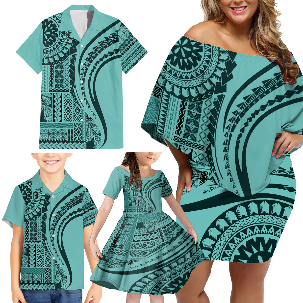 Samoa Siapo Arty Family Matching Off Shoulder Short Dress and Hawaiian Shirt Turquoise Style LT9 - Polynesian Pride