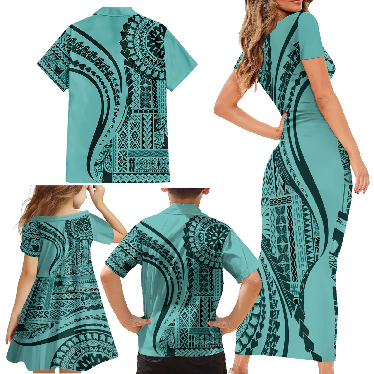 Samoa Siapo Arty Family Matching Short Sleeve Bodycon Dress and Hawaiian Shirt Turquoise Style LT9 - Polynesian Pride