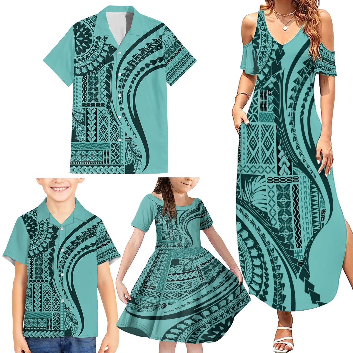 Samoa Siapo Arty Family Matching Summer Maxi Dress and Hawaiian Shirt Turquoise Style LT9 - Polynesian Pride