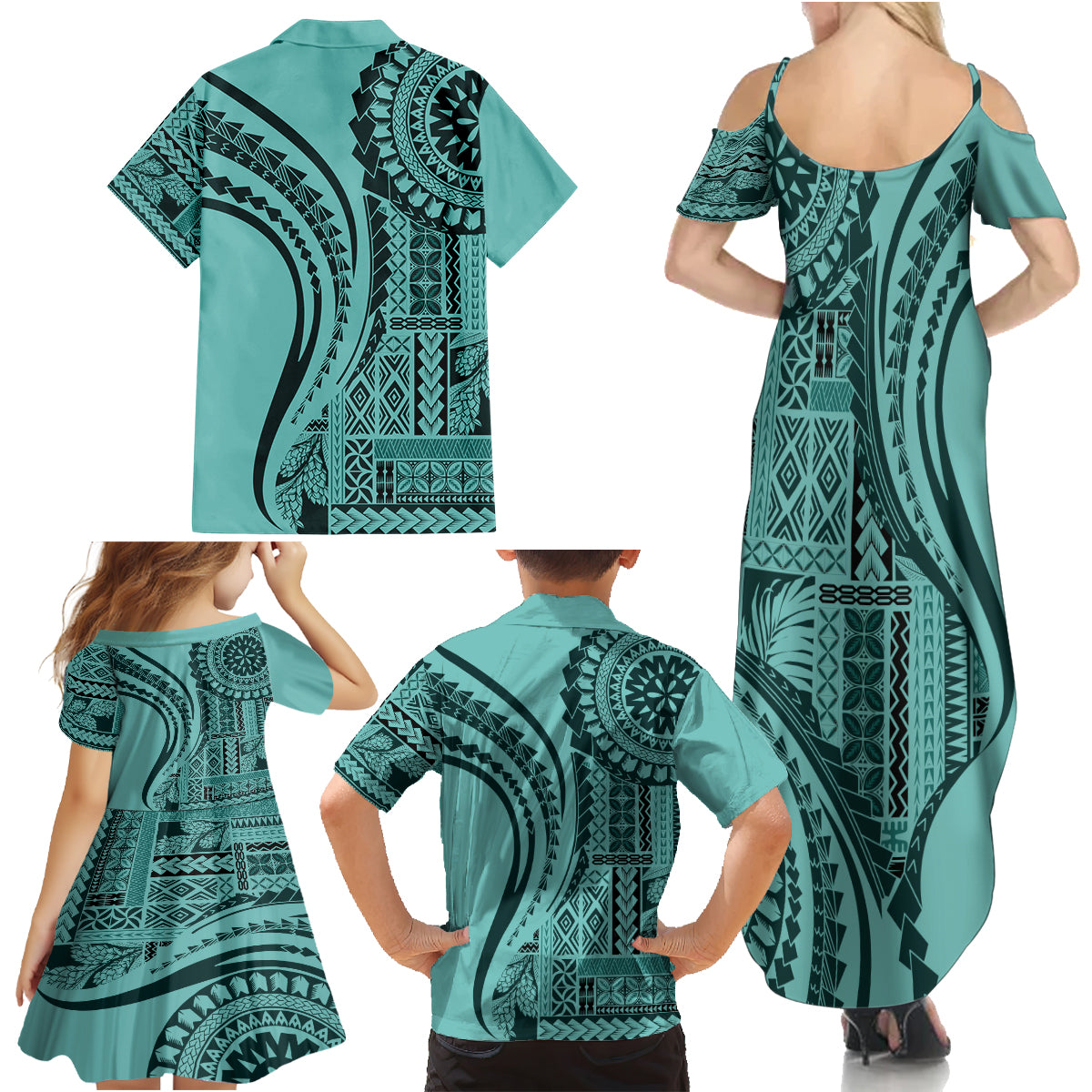 Samoa Siapo Arty Family Matching Summer Maxi Dress and Hawaiian Shirt Turquoise Style LT9 - Polynesian Pride