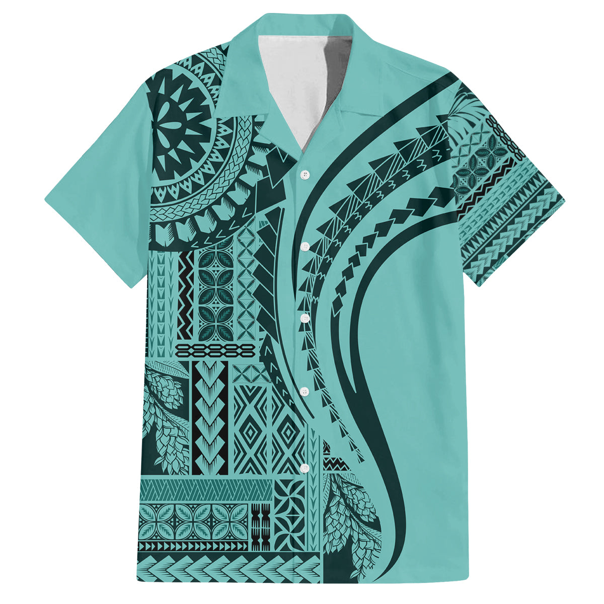 Samoa Siapo Arty Family Matching Summer Maxi Dress and Hawaiian Shirt Turquoise Style LT9 Dad's Shirt - Short Sleeve Turquoise - Polynesian Pride