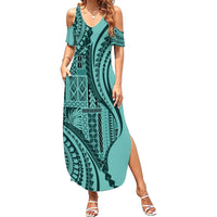 Samoa Siapo Arty Family Matching Summer Maxi Dress and Hawaiian Shirt Turquoise Style LT9 Mom's Dress Turquoise - Polynesian Pride