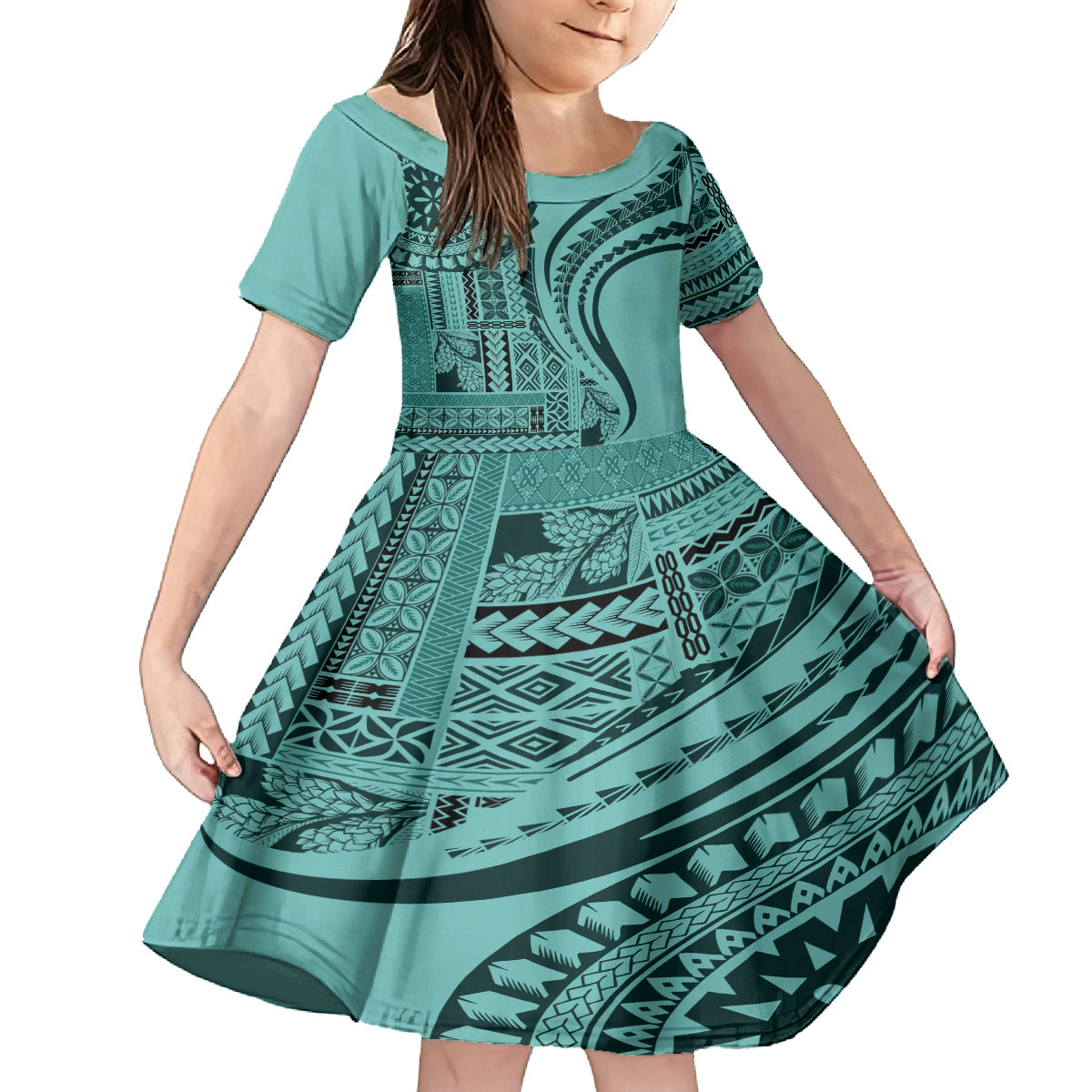 Samoa Siapo Arty Kid Short Sleeve Dress Turquoise Style LT9 KID Turquoise - Polynesian Pride