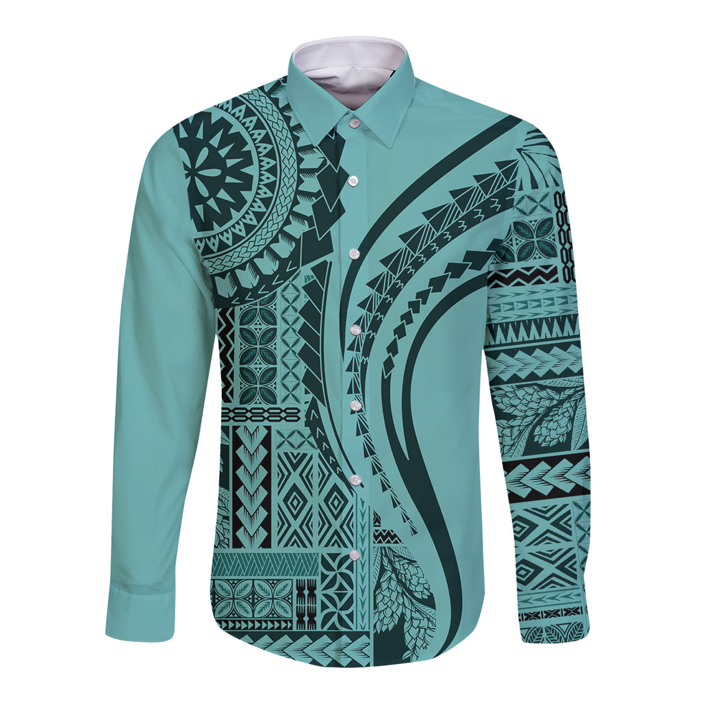 Samoa Siapo Arty Long Sleeve Button Shirt Turquoise Style LT9 Unisex Turquoise - Polynesian Pride