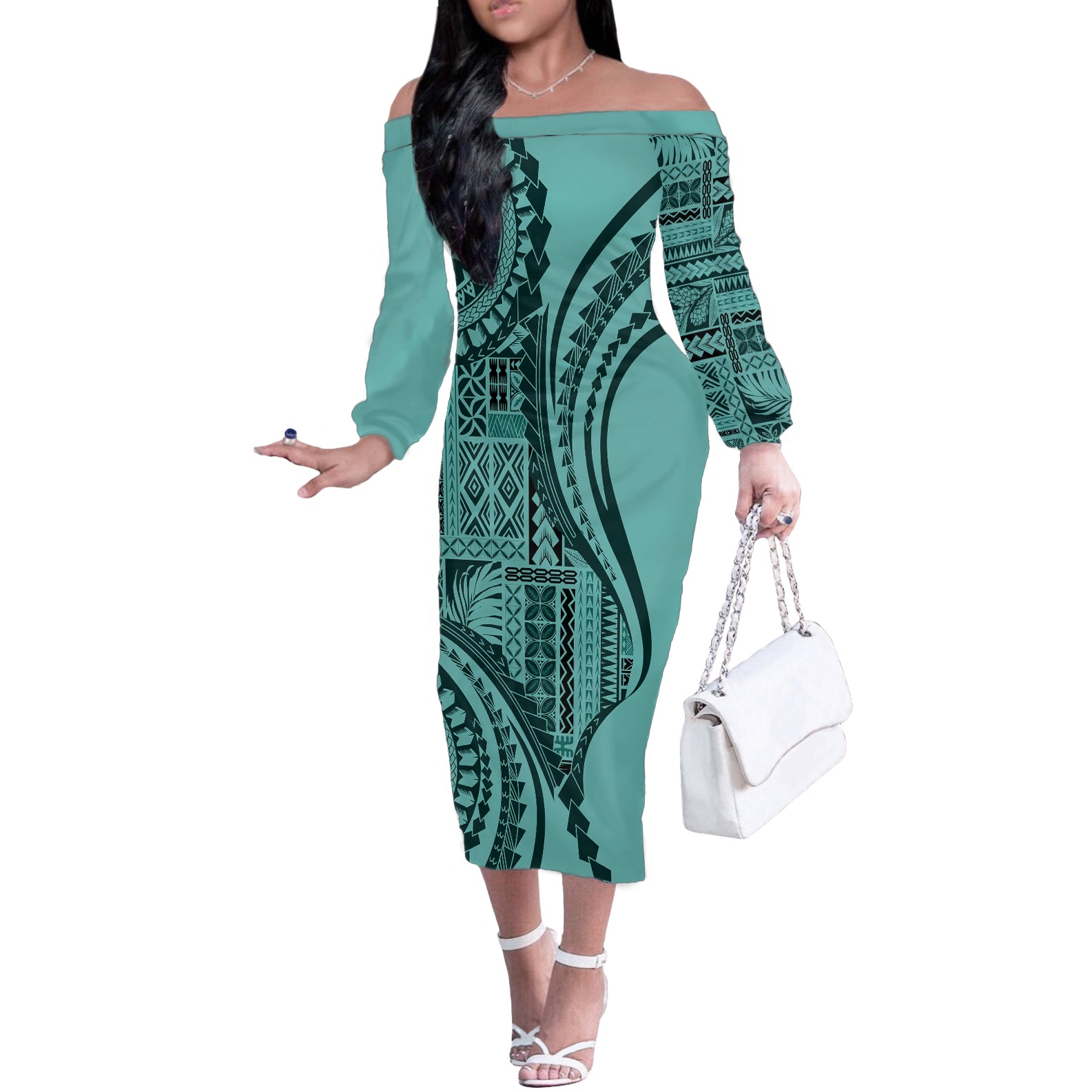 Samoa Siapo Arty Off The Shoulder Long Sleeve Dress Turquoise Style LT9 Women Turquoise - Polynesian Pride