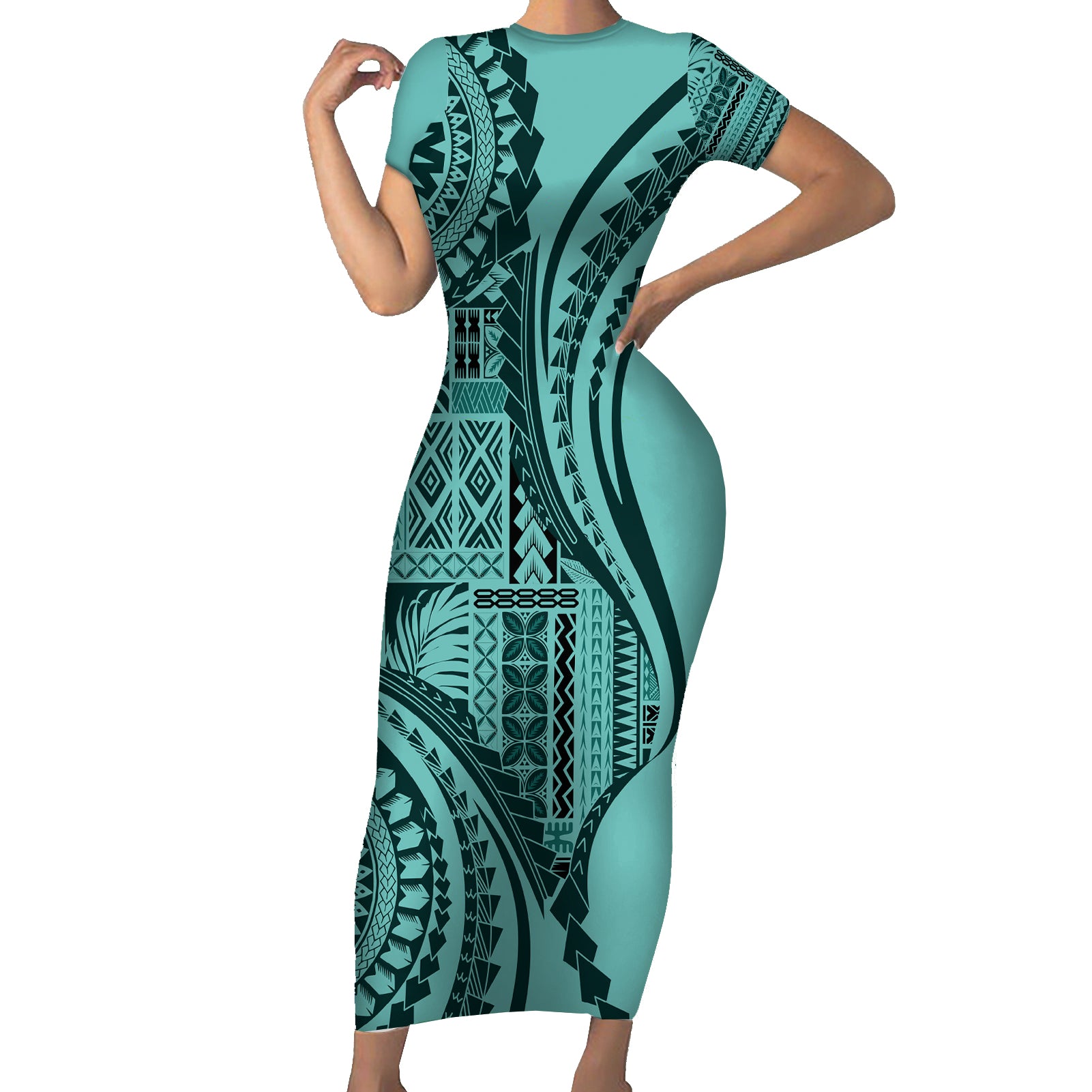 Samoa Siapo Arty Short Sleeve Bodycon Dress Turquoise Style LT9 Long Dress Turquoise - Polynesian Pride