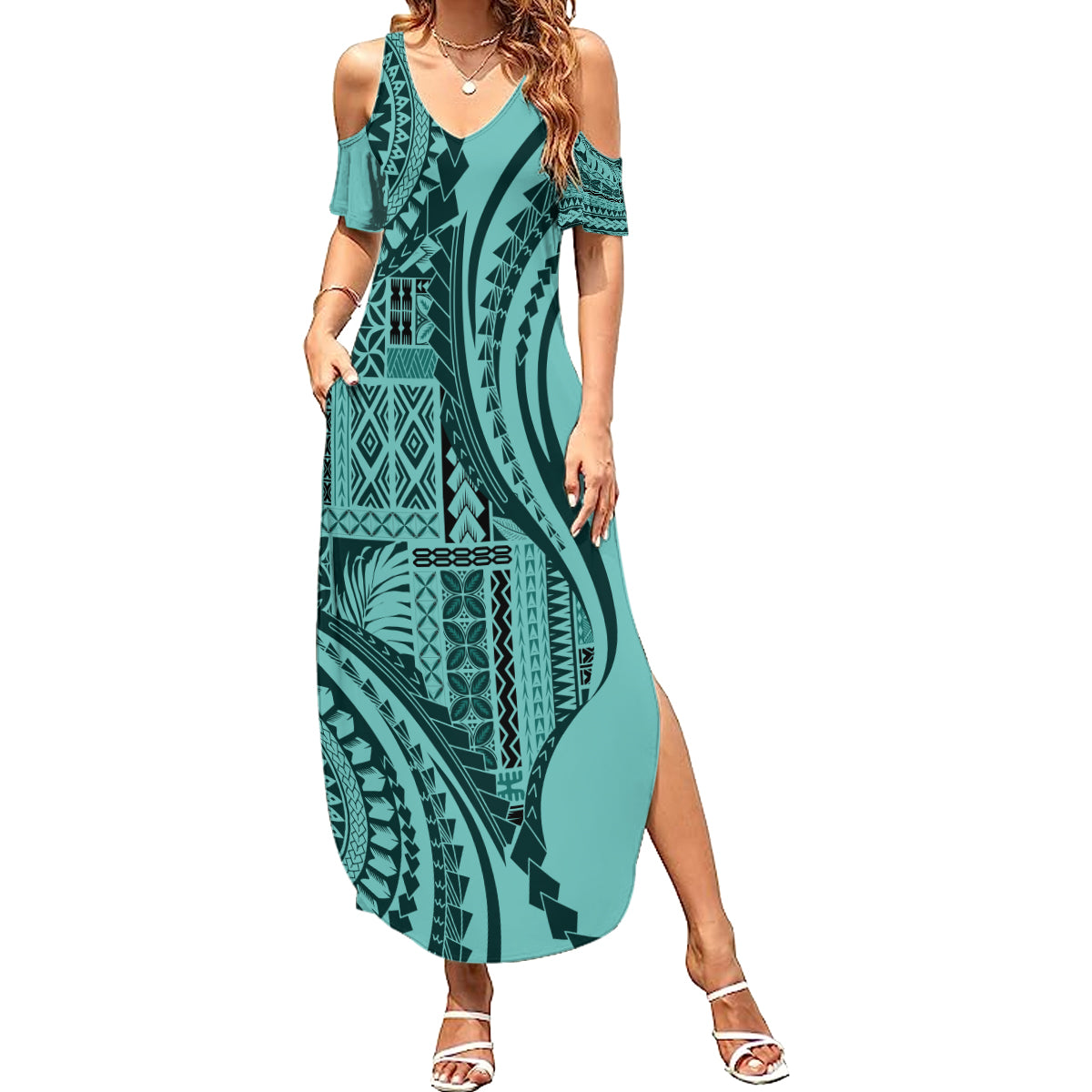 Samoa Siapo Arty Summer Maxi Dress Turquoise Style LT9 Women Turquoise - Polynesian Pride