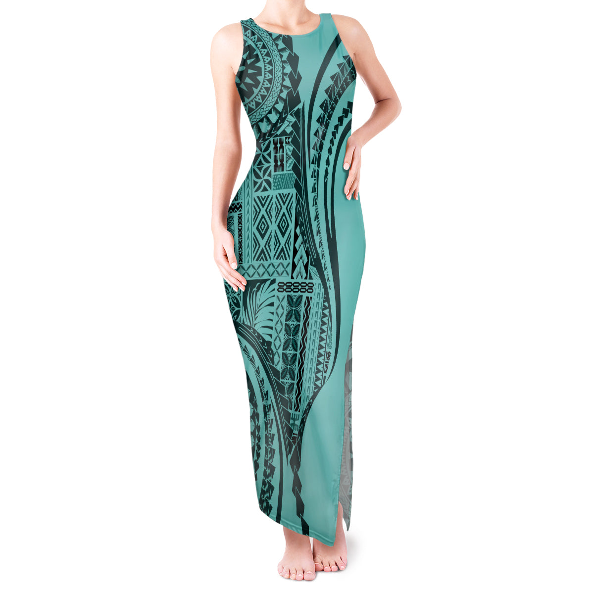 Samoa Siapo Arty Tank Maxi Dress Turquoise Style LT9 Women Turquoise - Polynesian Pride