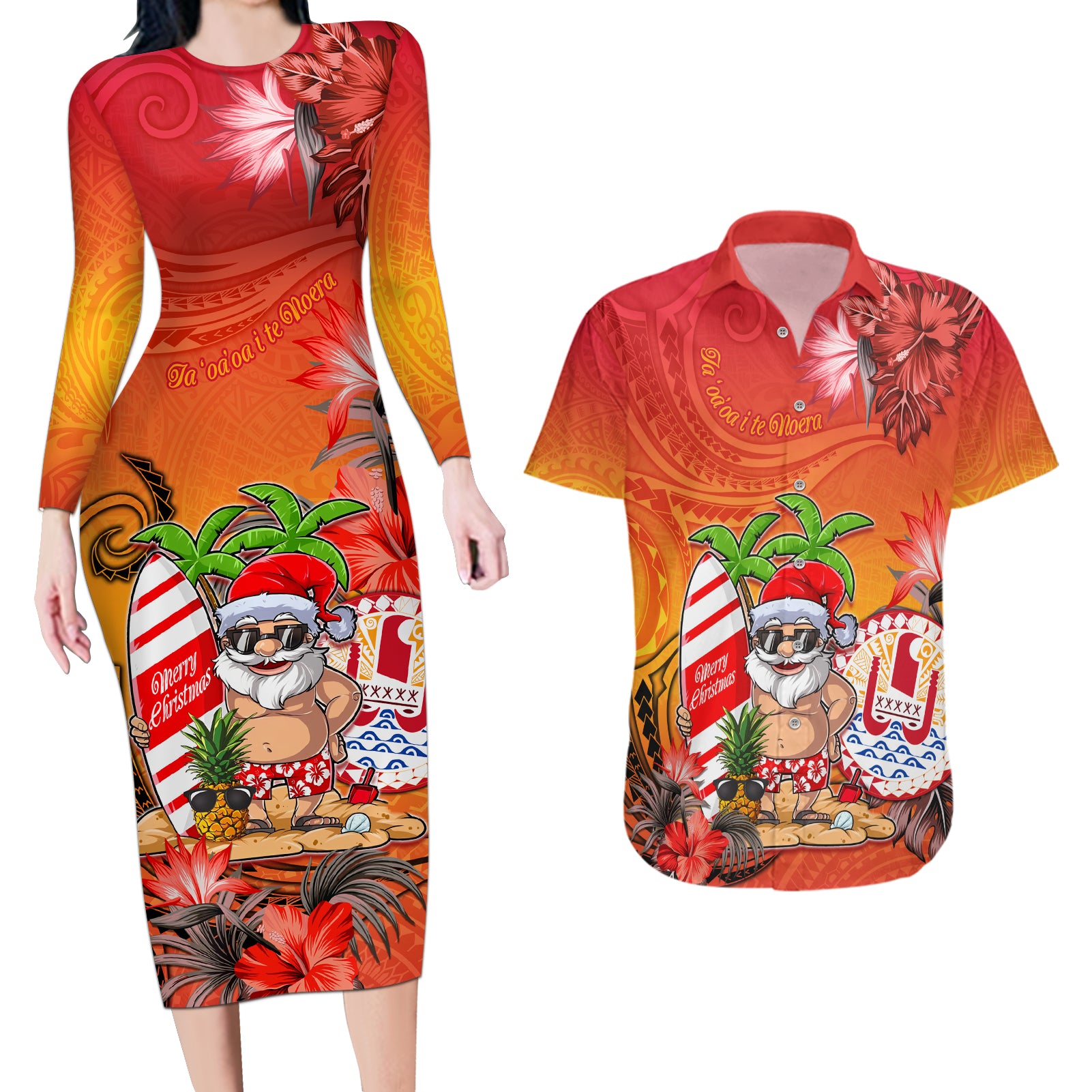 Personalised Wishes in Tahitian Christmas Couples Matching Long Sleeve Bodycon Dress and Hawaiian Shirt French Polynesia Santa Beach LT9 Red - Polynesian Pride