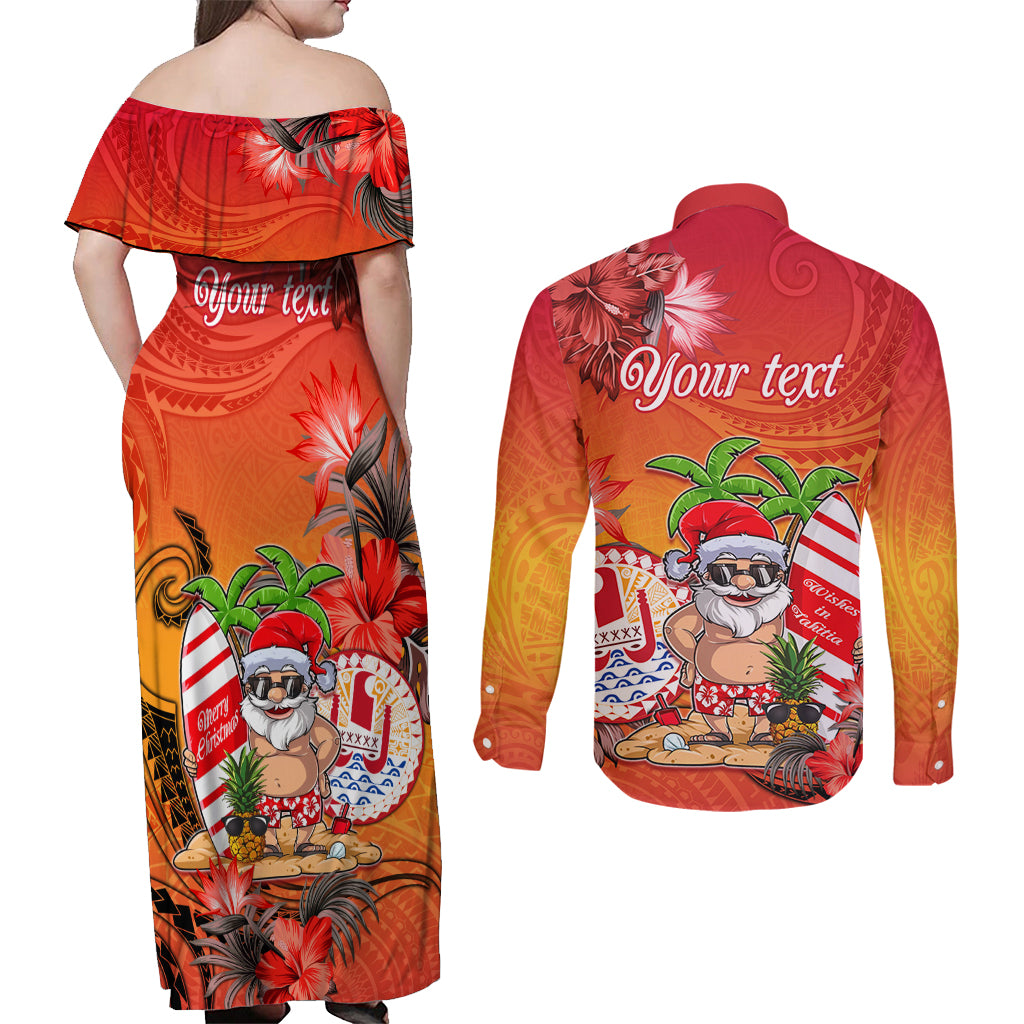 Personalised Wishes in Tahitian Christmas Couples Matching Off Shoulder Maxi Dress and Long Sleeve Button Shirt French Polynesia Santa Beach LT9 - Polynesian Pride