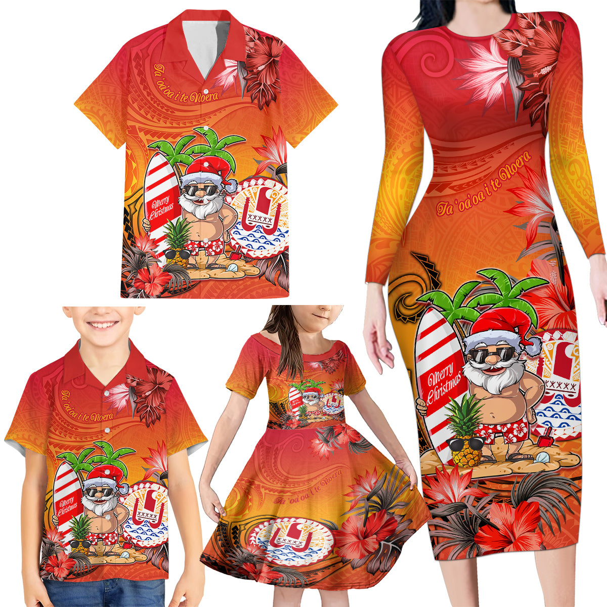 Personalised Wishes in Tahitian Christmas Family Matching Long Sleeve Bodycon Dress and Hawaiian Shirt French Polynesia Santa Beach LT9 - Polynesian Pride