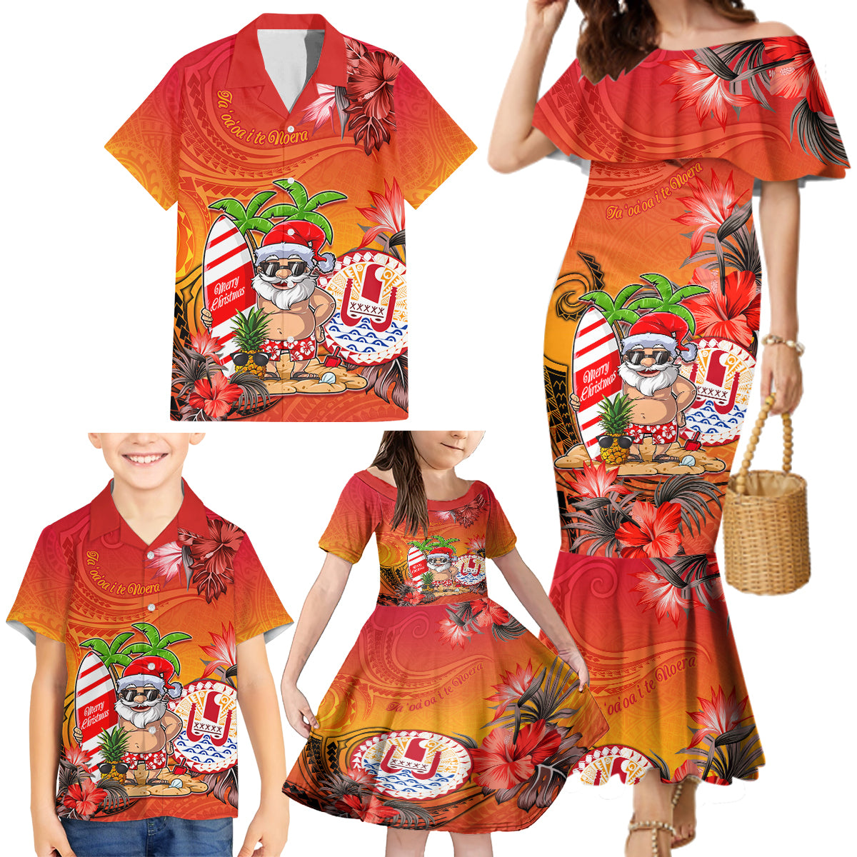 Personalised Wishes in Tahitian Christmas Family Matching Mermaid Dress and Hawaiian Shirt French Polynesia Santa Beach LT9 - Polynesian Pride