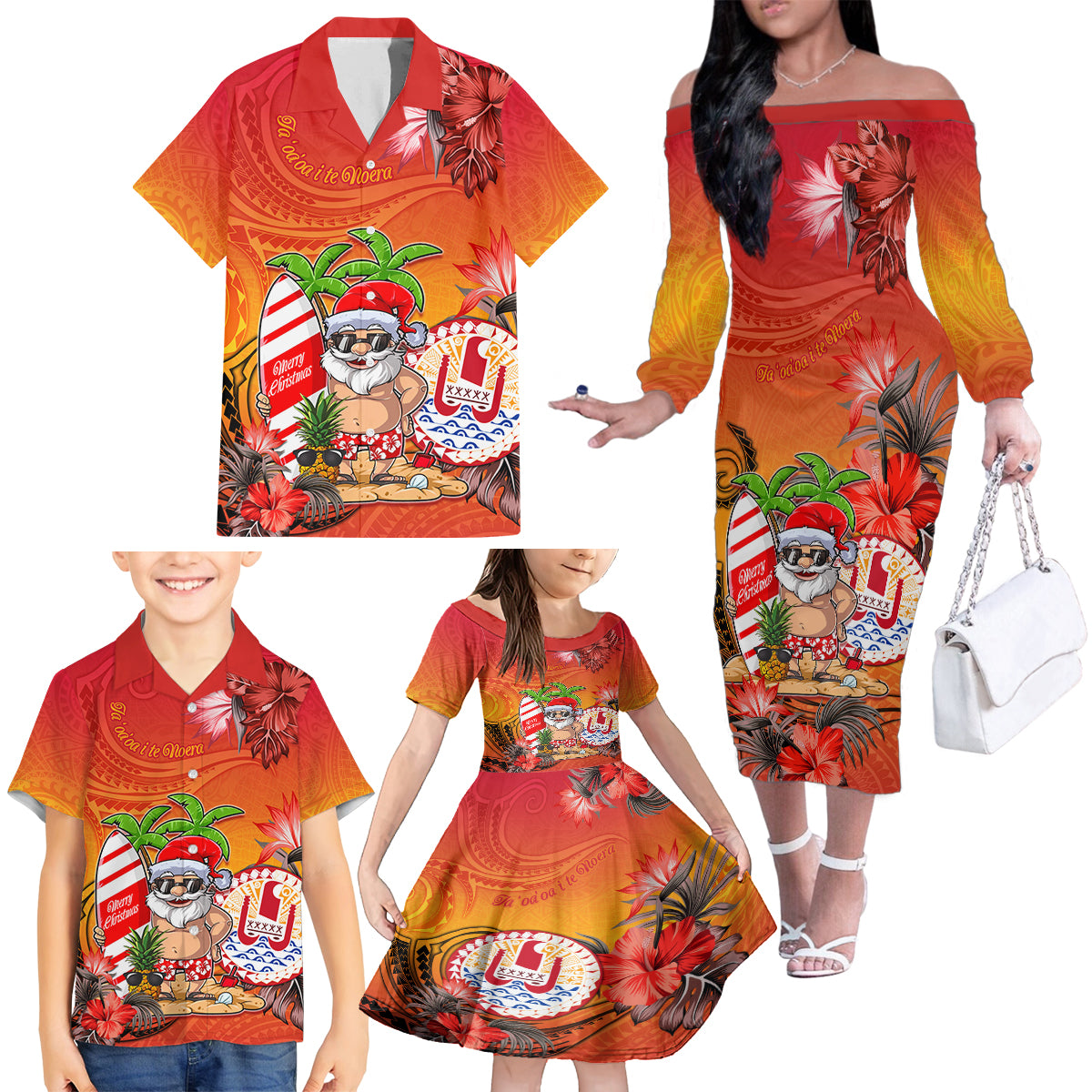 Personalised Wishes in Tahitian Christmas Family Matching Off Shoulder Long Sleeve Dress and Hawaiian Shirt French Polynesia Santa Beach LT9 - Polynesian Pride