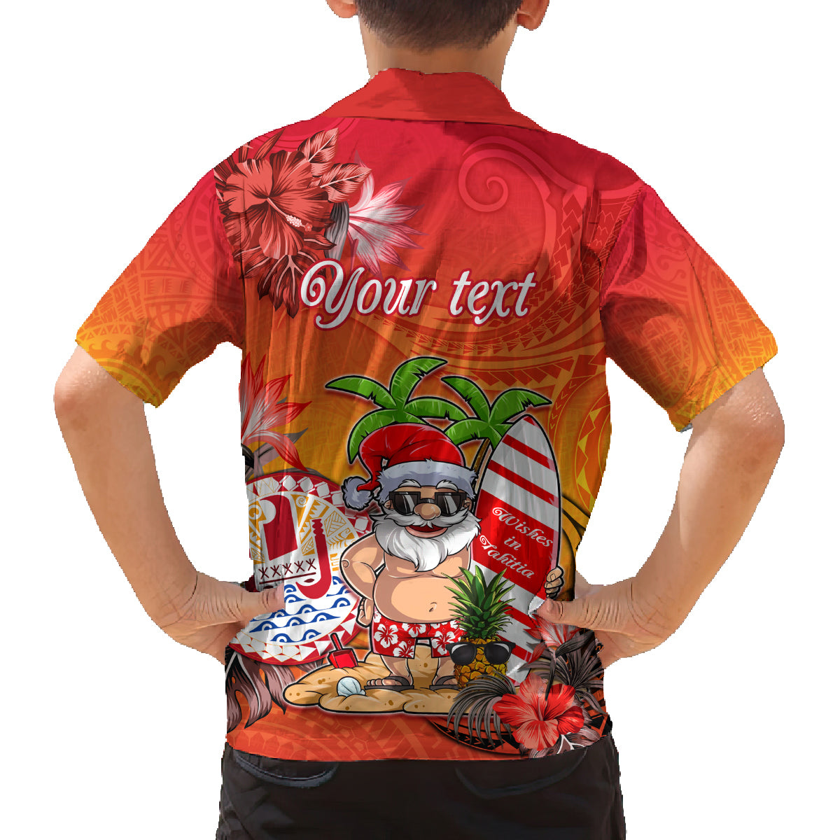 Personalised Wishes in Tahitian Christmas Family Matching Off Shoulder Maxi Dress and Hawaiian Shirt French Polynesia Santa Beach LT9 - Polynesian Pride
