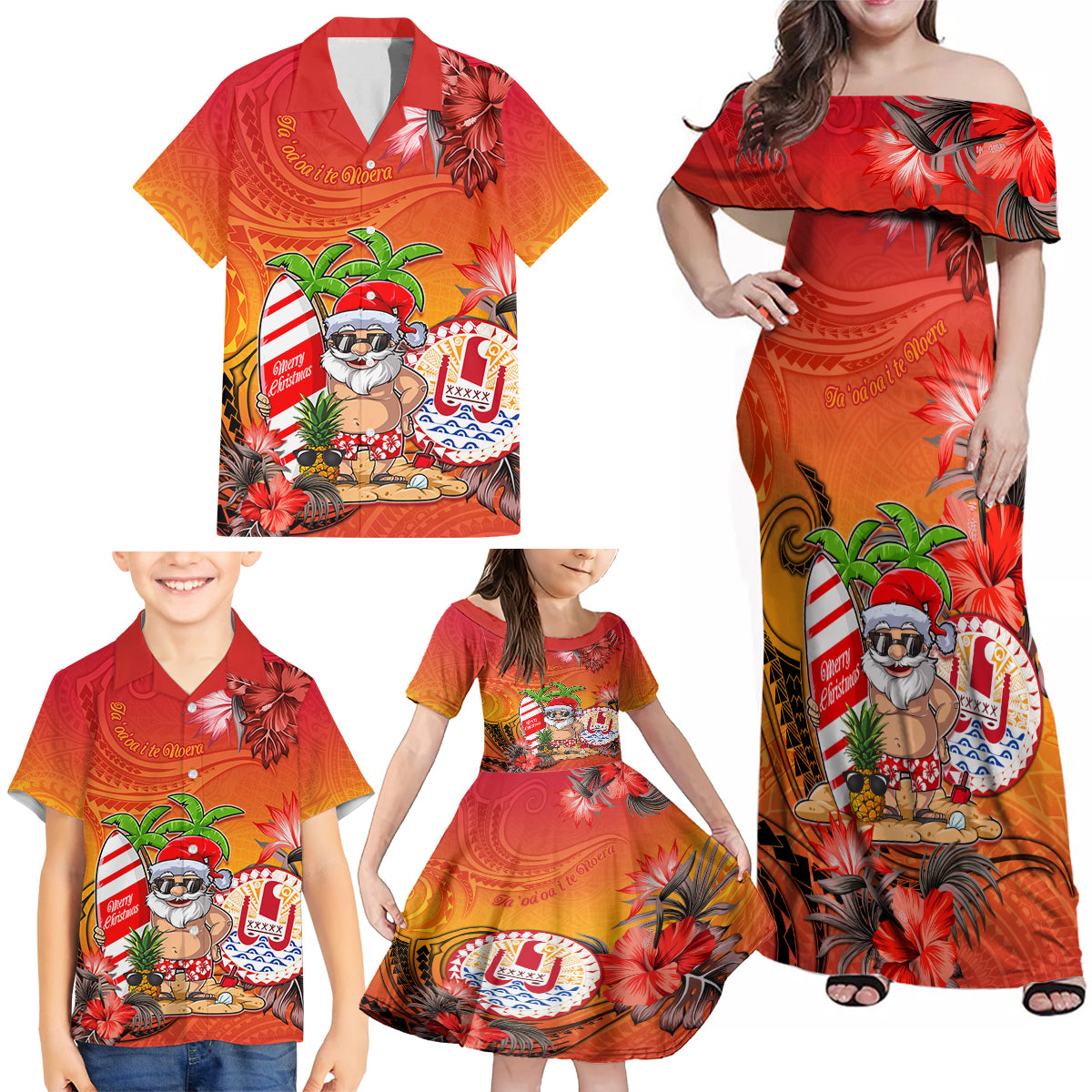 Personalised Wishes in Tahitian Christmas Family Matching Off Shoulder Maxi Dress and Hawaiian Shirt French Polynesia Santa Beach LT9 - Polynesian Pride