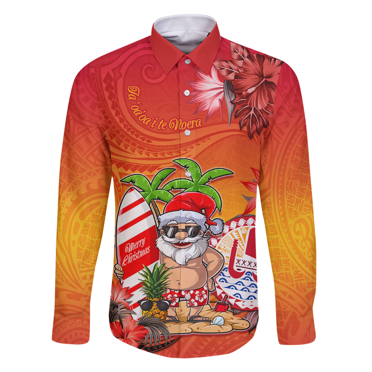 Personalised Wishes in Tahitian Christmas Family Matching Off Shoulder Short Dress and Hawaiian Shirt French Polynesia Santa Beach LT9 Dad's Shirt - Long Sleeve Red - Polynesian Pride