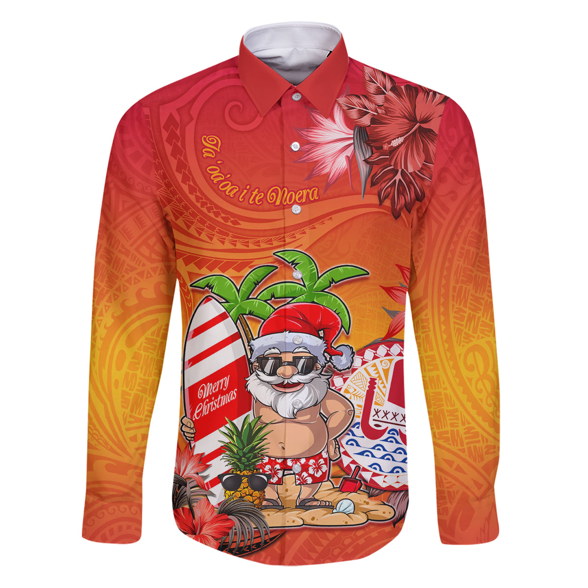 Personalised Wishes in Tahitian Christmas Family Matching Puletasi Dress and Hawaiian Shirt French Polynesia Santa Beach LT9 Dad's Shirt - Long Sleeve Red - Polynesian Pride