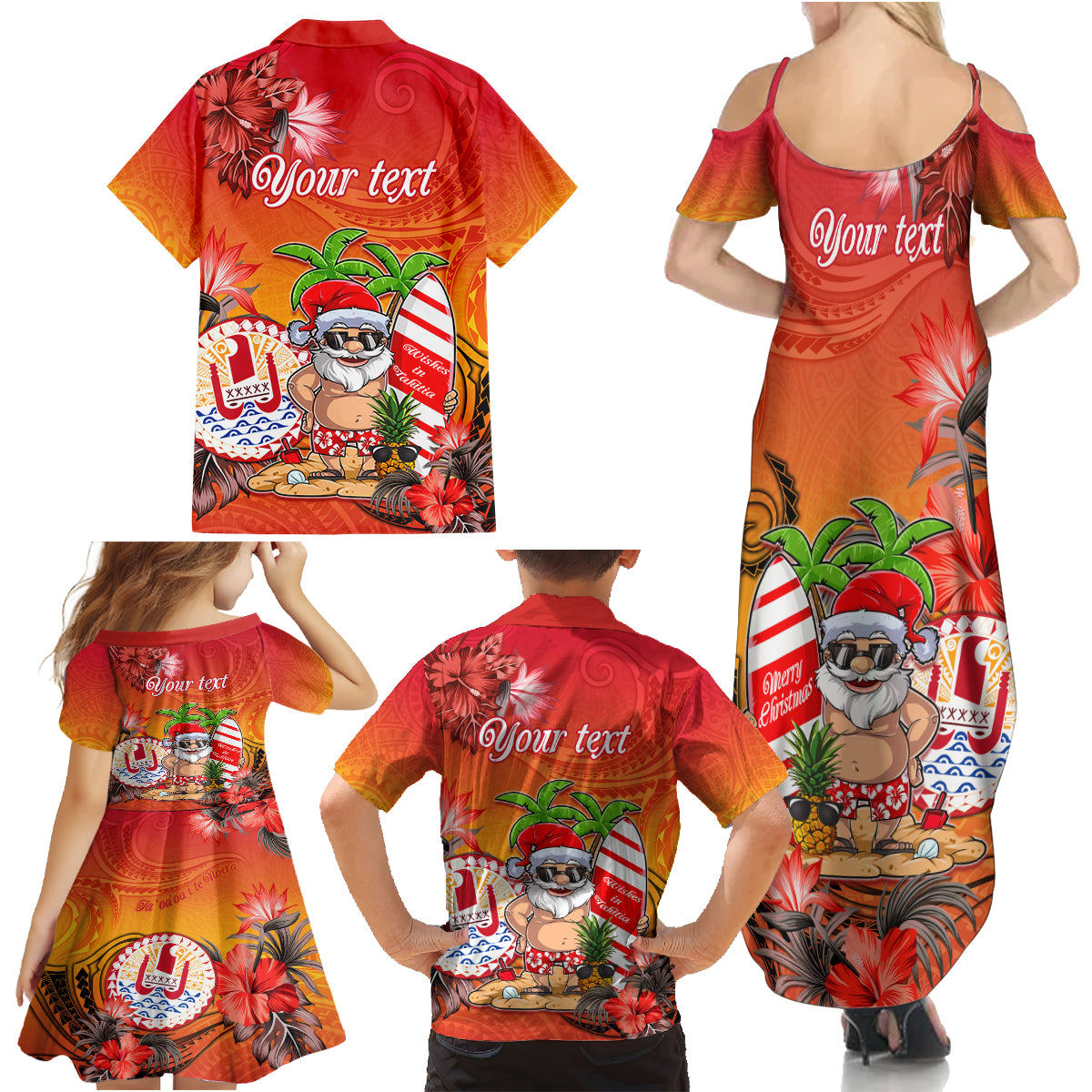 Personalised Wishes in Tahitian Christmas Family Matching Summer Maxi Dress and Hawaiian Shirt French Polynesia Santa Beach LT9 - Polynesian Pride