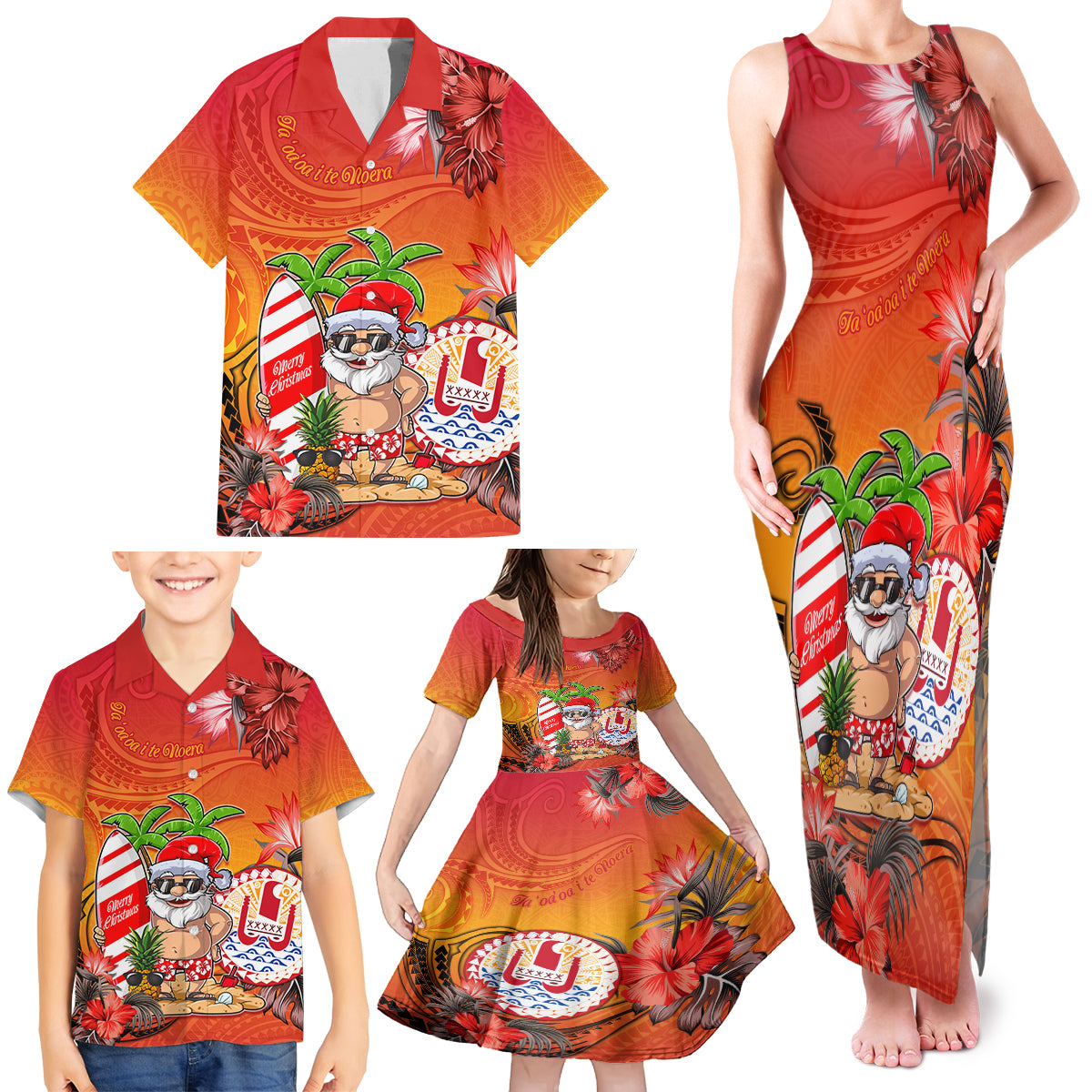 Personalised Wishes in Tahitian Christmas Family Matching Tank Maxi Dress and Hawaiian Shirt French Polynesia Santa Beach LT9 - Polynesian Pride