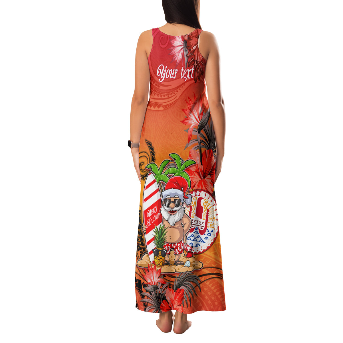 Personalised Wishes in Tahitian Christmas Family Matching Tank Maxi Dress and Hawaiian Shirt French Polynesia Santa Beach LT9 - Polynesian Pride