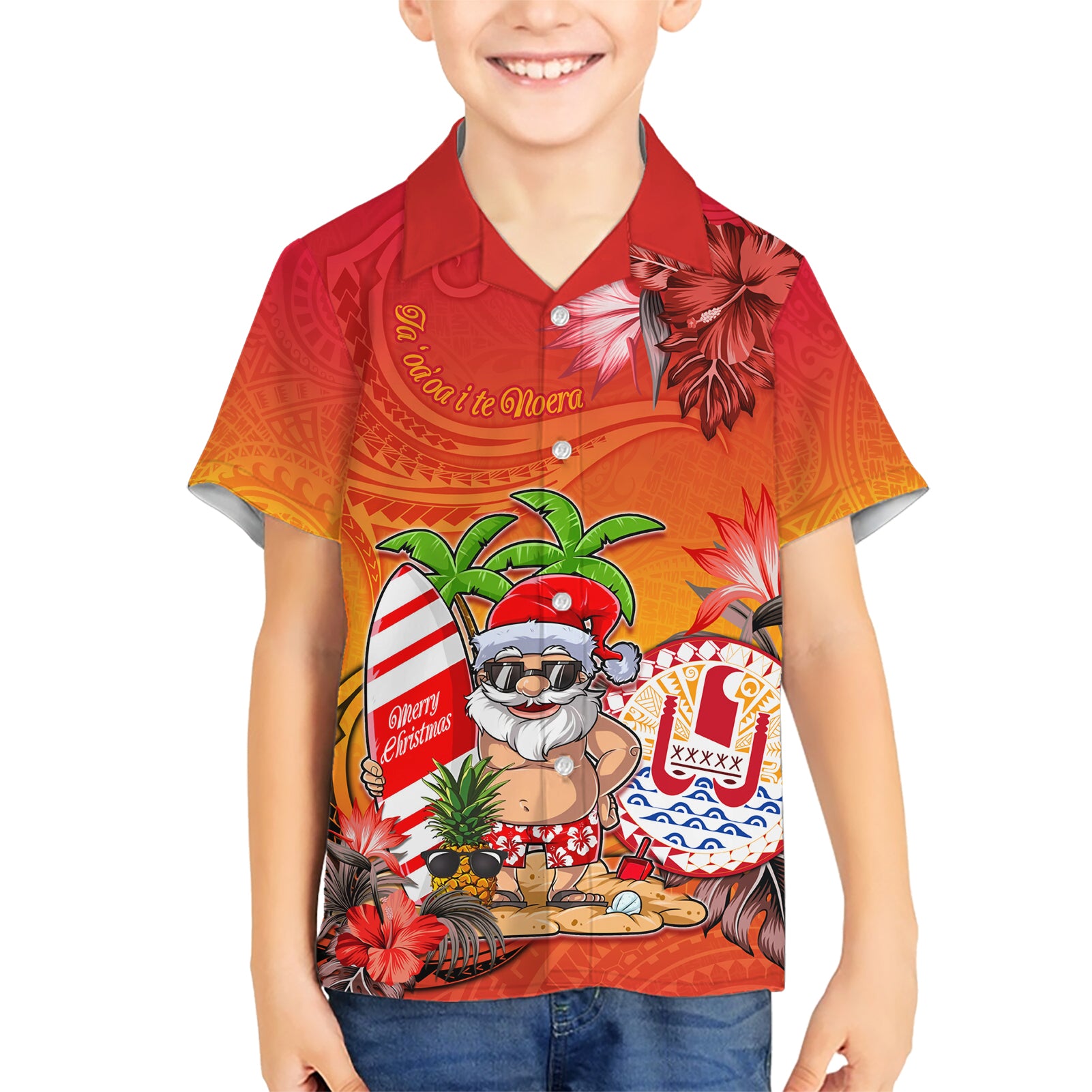 Personalised Wishes in Tahitian Christmas Kid Hawaiian Shirt French Polynesia Santa Beach LT9 Kid Red - Polynesian Pride