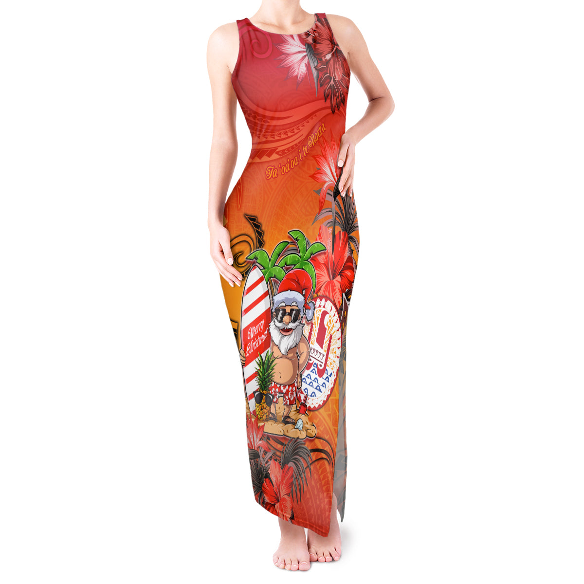 Personalised Wishes in Tahitian Christmas Tank Maxi Dress French Polynesia Santa Beach LT9 Women Red - Polynesian Pride