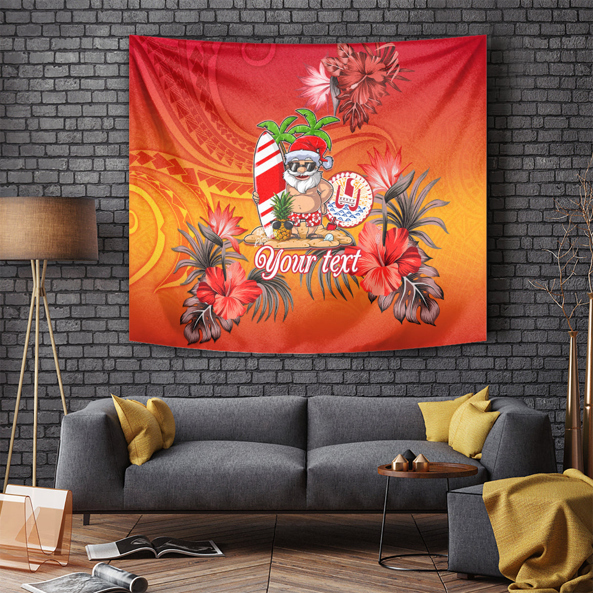 Personalised Wishes in Tahitian Christmas Tapestry French Polynesia Santa Beach LT9 Red - Polynesian Pride