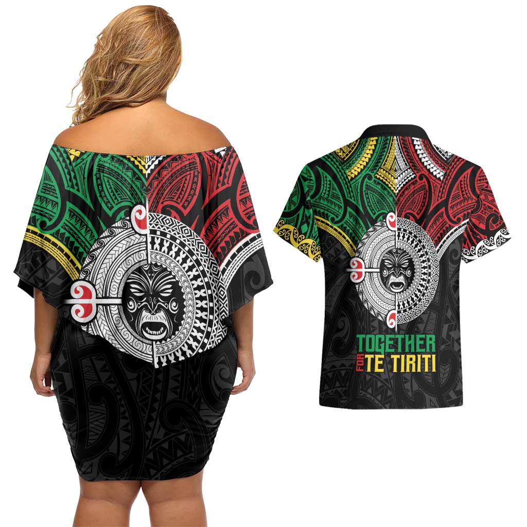 Aotearoa and Cook Islands Mo Te Tiriti Couples Matching Off Shoulder Short Dress and Hawaiian Shirt New Zealand Honour The Treaty Ake!Ake!Ake!
