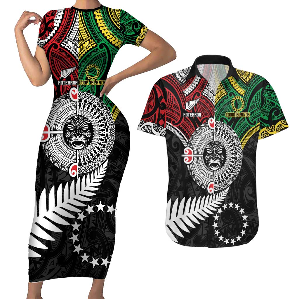 Aotearoa and Cook Islands Mo Te Tiriti Couples Matching Short Sleeve Bodycon Dress and Hawaiian Shirt New Zealand Honour The Treaty Ake!Ake!Ake! LT9 Green - Polynesian Pride