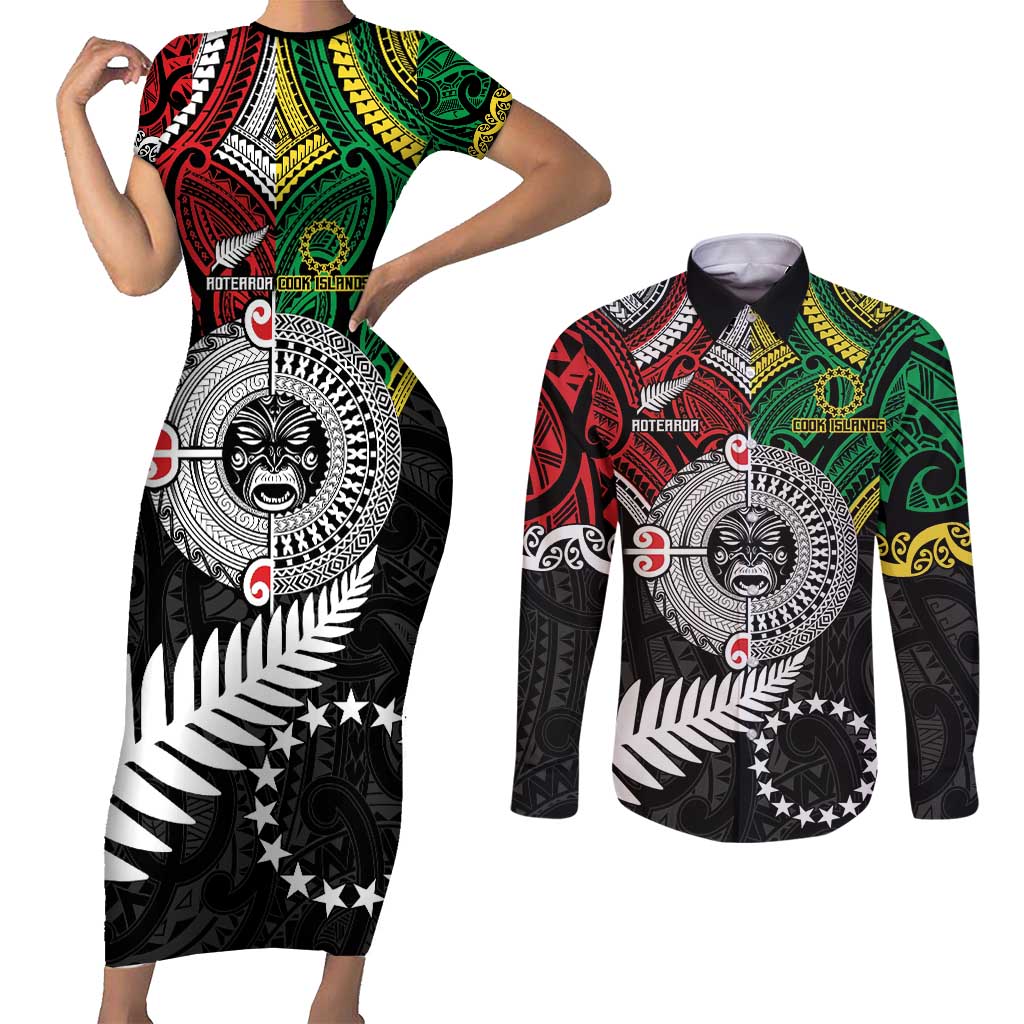 Aotearoa and Cook Islands Mo Te Tiriti Couples Matching Short Sleeve Bodycon Dress and Long Sleeve Button Shirt New Zealand Honour The Treaty Ake!Ake!Ake! LT9 Green - Polynesian Pride
