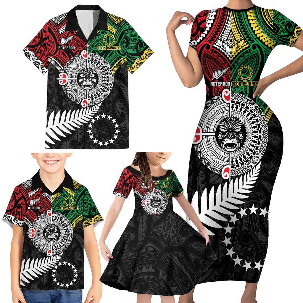 Aotearoa and Cook Islands Mo Te Tiriti Family Matching Short Sleeve Bodycon Dress and Hawaiian Shirt New Zealand Honour The Treaty Ake!Ake!Ake!