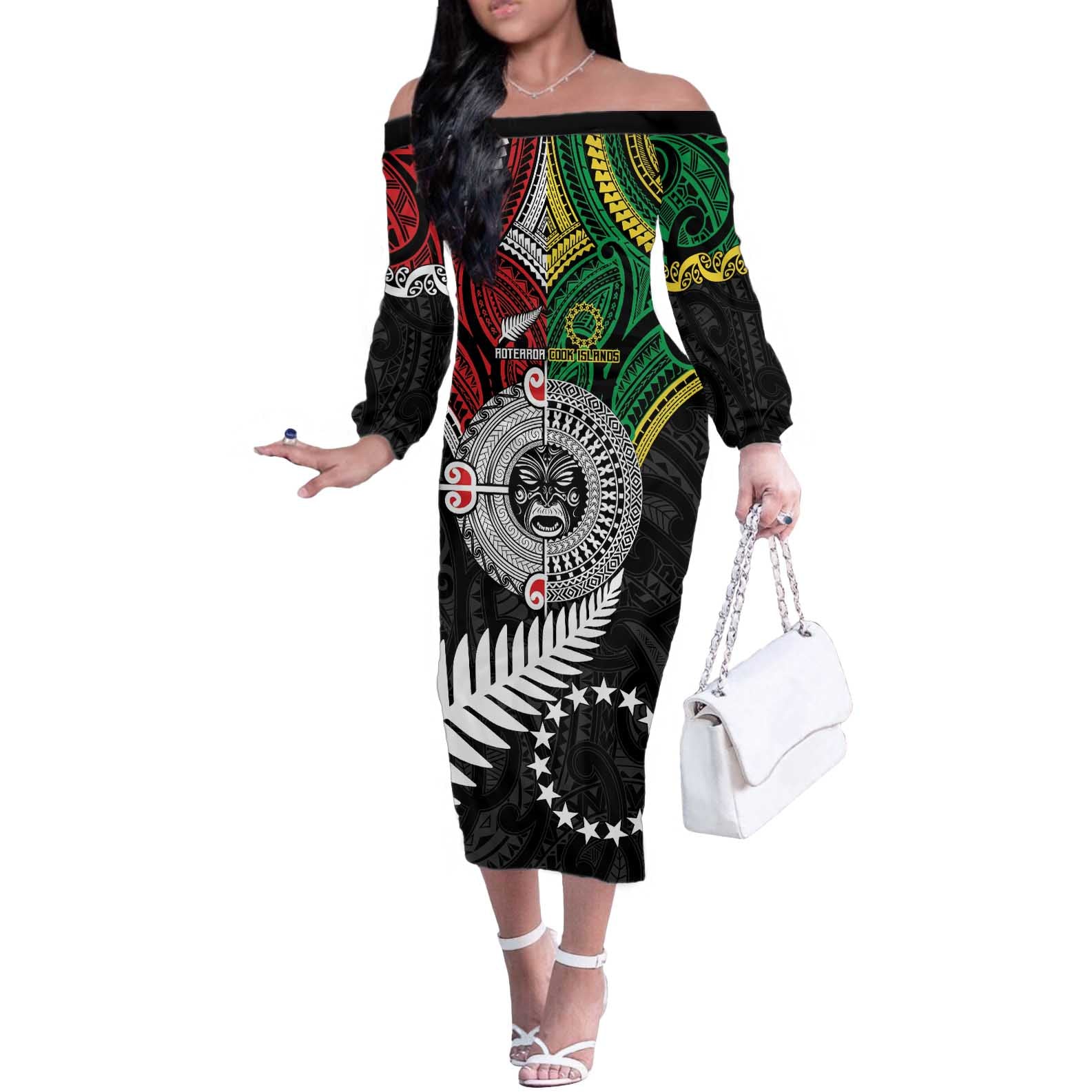 Aotearoa and Cook Islands Mo Te Tiriti Off The Shoulder Long Sleeve Dress New Zealand Honour The Treaty Ake!Ake!Ake!