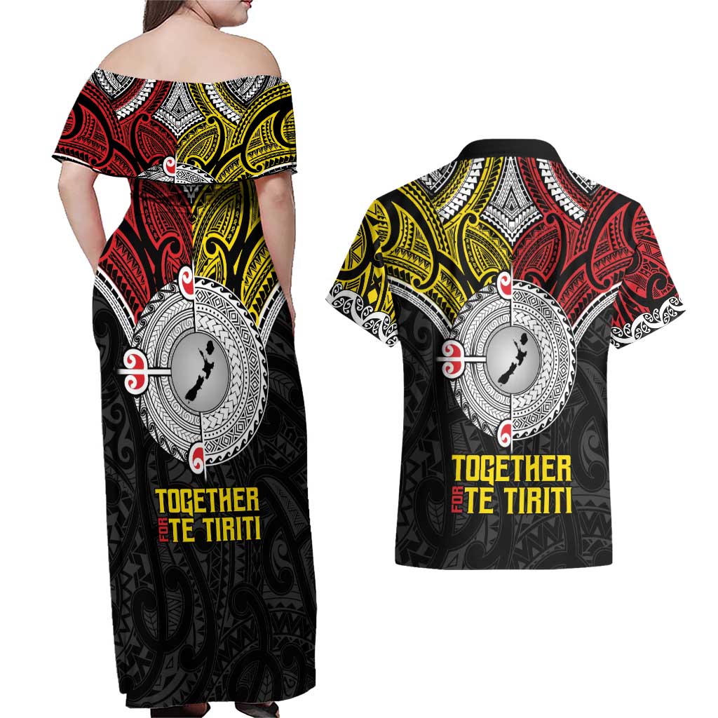 Aotearoa and Niue Mo Te Tiriti Couples Matching Off Shoulder Maxi Dress and Hawaiian Shirt New Zealand Honour The Treaty Ake!Ake!Ake!