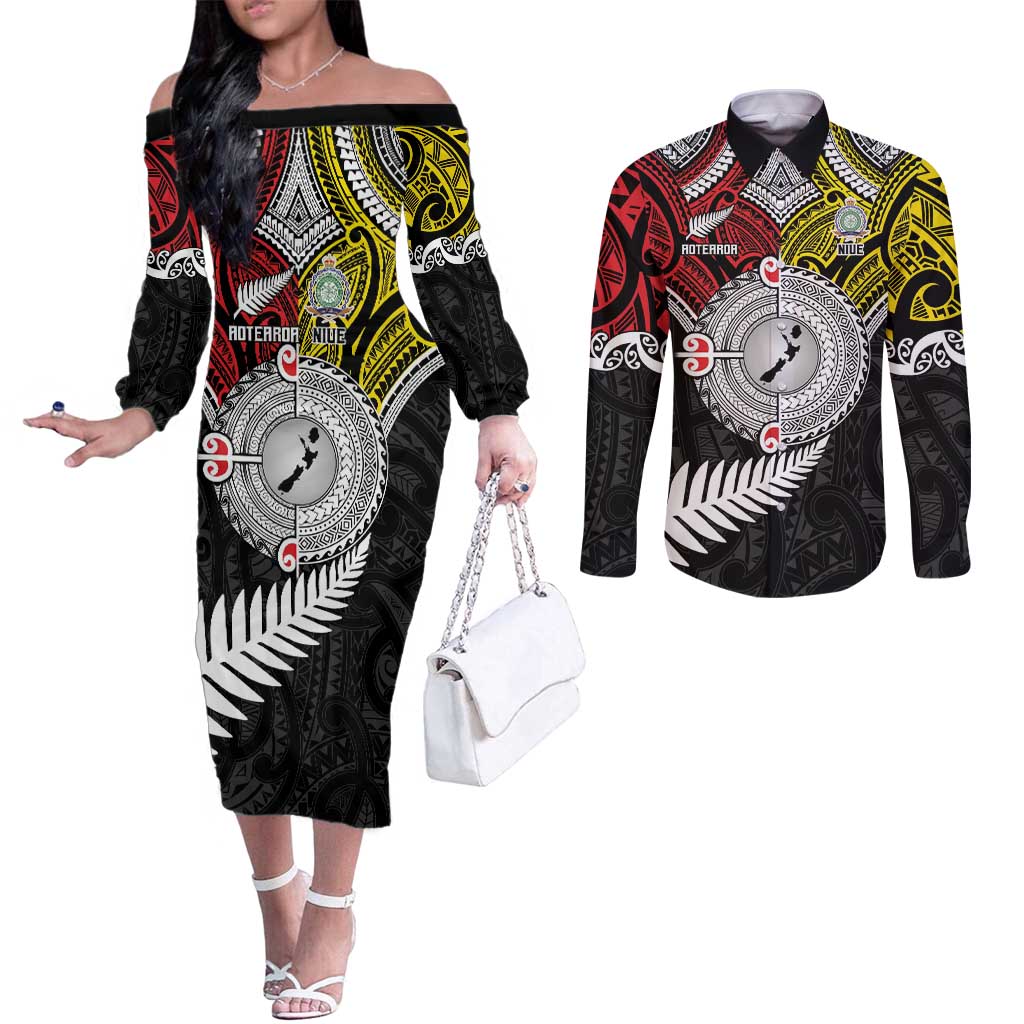 Aotearoa and Niue Mo Te Tiriti Couples Matching Off The Shoulder Long Sleeve Dress and Long Sleeve Button Shirt New Zealand Honour The Treaty Ake!Ake!Ake!