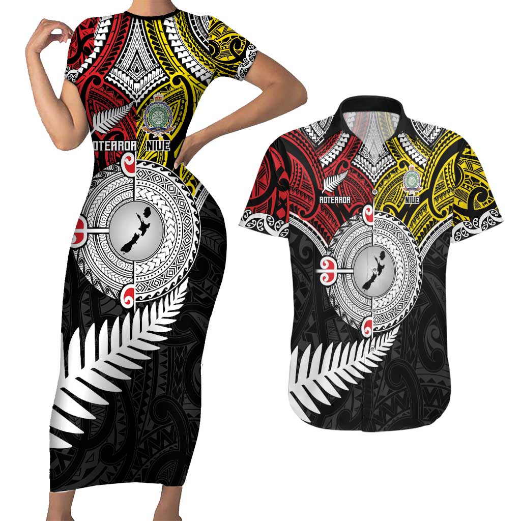 Aotearoa and Niue Mo Te Tiriti Couples Matching Short Sleeve Bodycon Dress and Hawaiian Shirt New Zealand Honour The Treaty Ake!Ake!Ake!