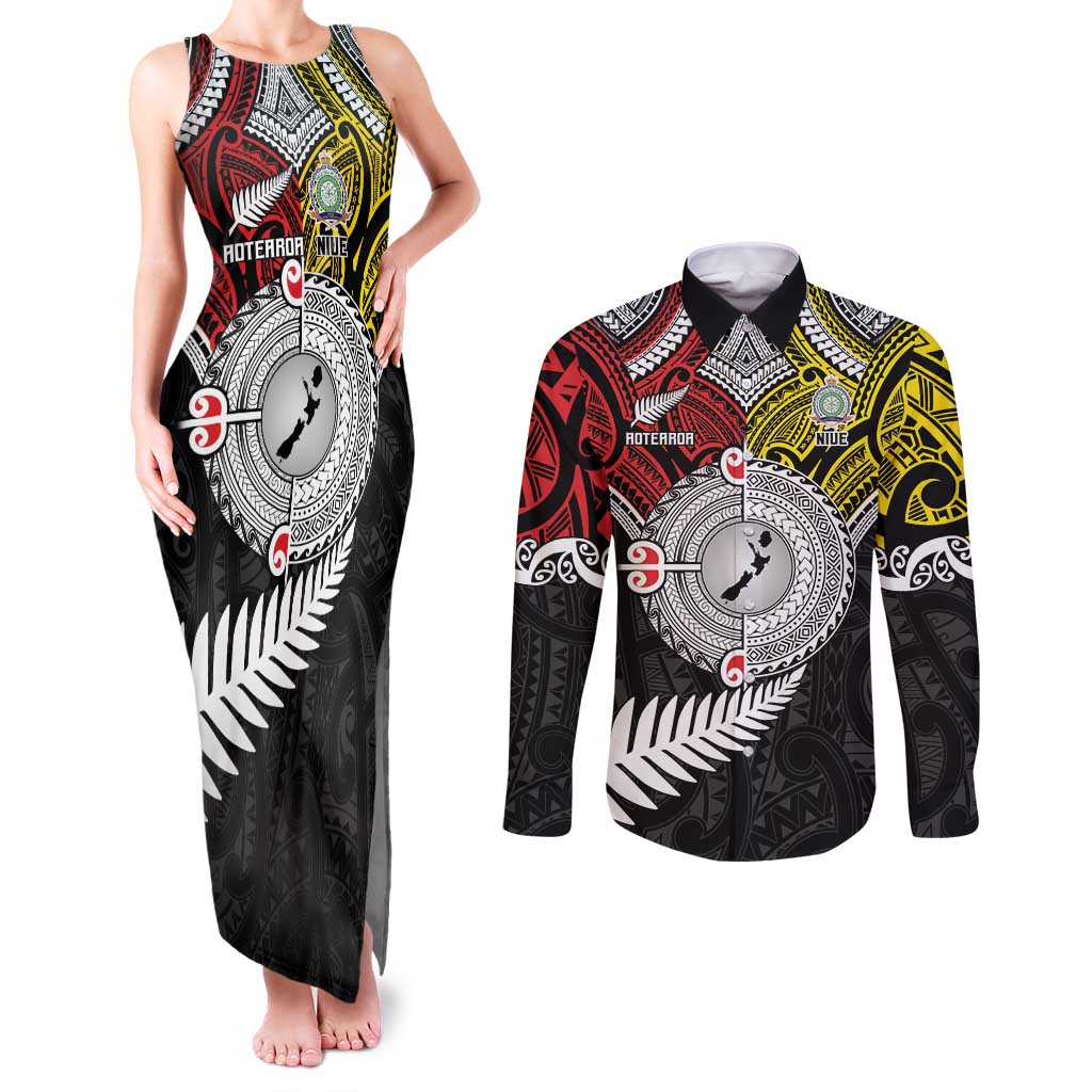 Aotearoa and Niue Mo Te Tiriti Couples Matching Tank Maxi Dress and Long Sleeve Button Shirt New Zealand Honour The Treaty Ake!Ake!Ake!