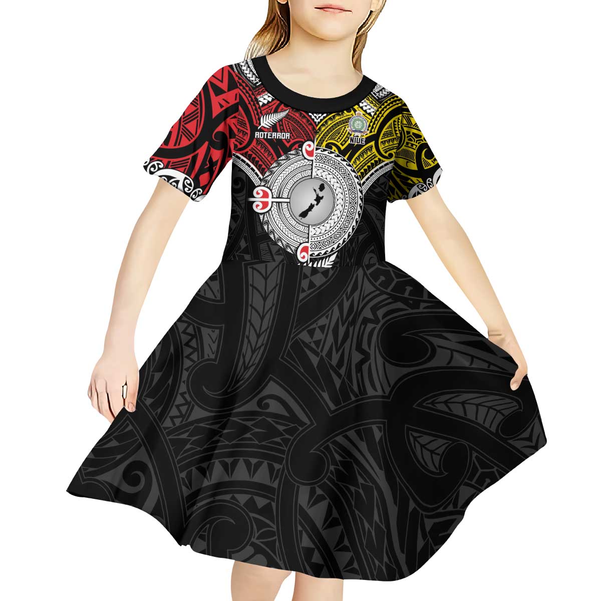 Aotearoa and Niue Mo Te Tiriti Kid Short Sleeve Dress New Zealand Honour The Treaty Ake!Ake!Ake!