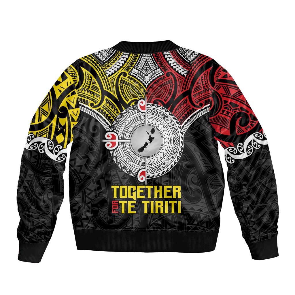 Aotearoa and Niue Mo Te Tiriti Sleeve Zip Bomber Jacket New Zealand Honour The Treaty Ake!Ake!Ake!