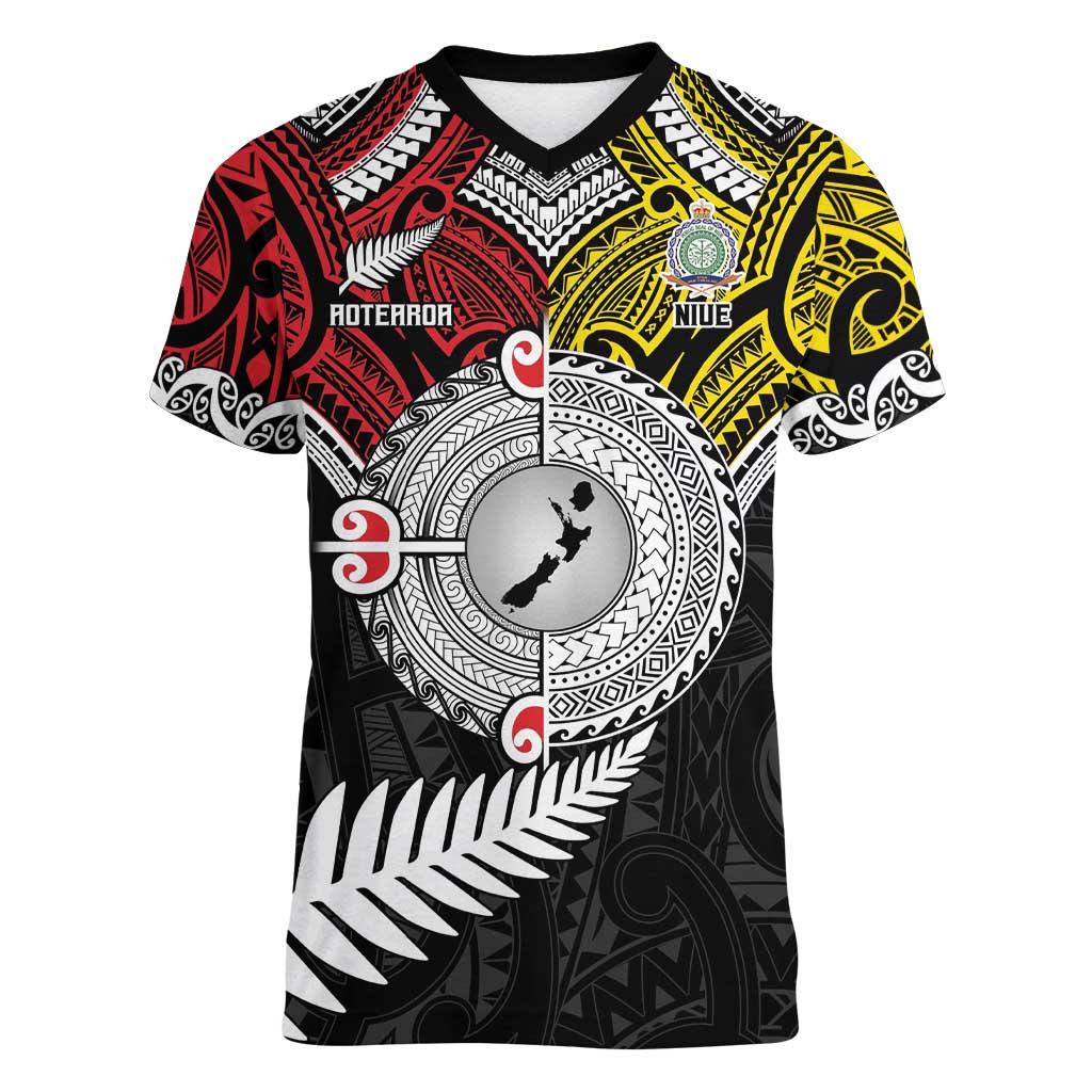 Aotearoa and Niue Mo Te Tiriti Women V-Neck T-Shirt New Zealand Honour The Treaty Ake!Ake!Ake!