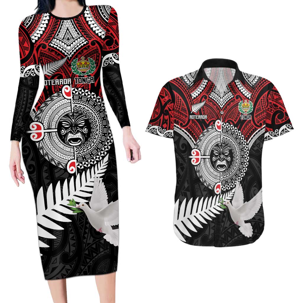 Aotearoa and Tonga Mo Te Tiriti Couples Matching Long Sleeve Bodycon Dress and Hawaiian Shirt New Zealand Honour The Treaty Ake!Ake!Ake!