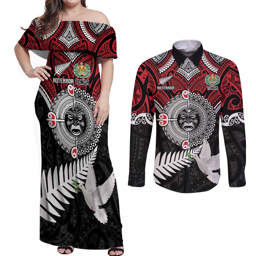 Aotearoa and Tonga Mo Te Tiriti Couples Matching Off Shoulder Maxi Dress and Long Sleeve Button Shirt New Zealand Honour The Treaty Ake!Ake!Ake!