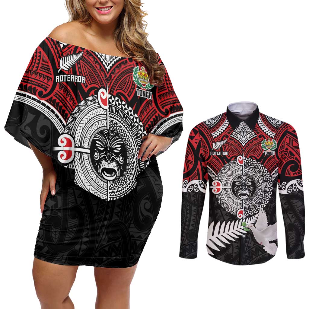 Aotearoa and Tonga Mo Te Tiriti Couples Matching Off Shoulder Short Dress and Long Sleeve Button Shirt New Zealand Honour The Treaty Ake!Ake!Ake!