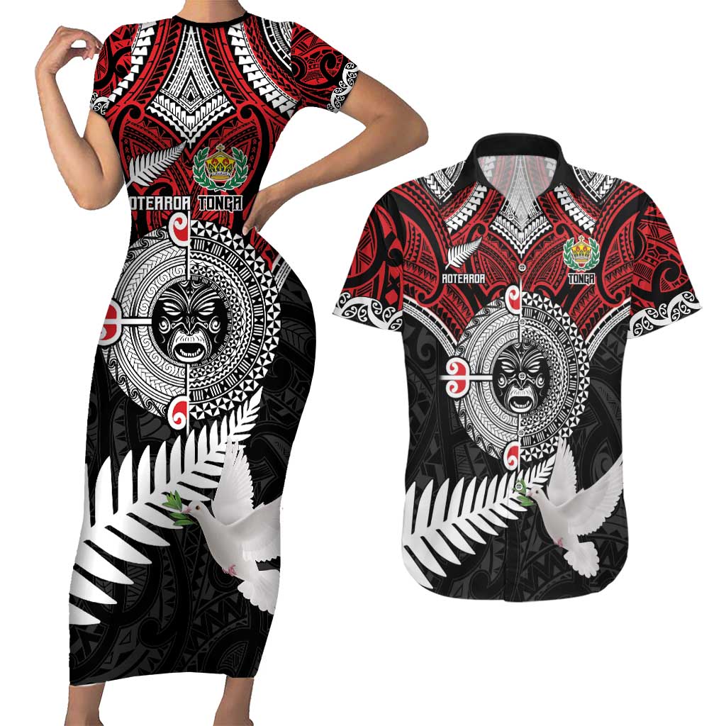 Aotearoa and Tonga Mo Te Tiriti Couples Matching Short Sleeve Bodycon Dress and Hawaiian Shirt New Zealand Honour The Treaty Ake!Ake!Ake! LT9 Red - Polynesian Pride