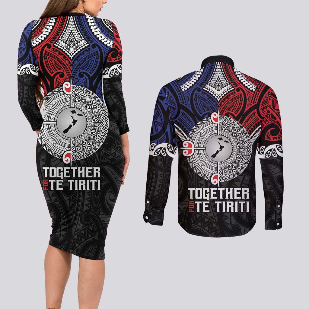 Aotearoa and Samoa Mo Te Tiriti Couples Matching Long Sleeve Bodycon Dress and Long Sleeve Button Shirt Tangata Moana Stand with Tangata Whenua