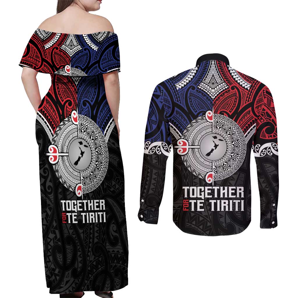 Aotearoa and Samoa Mo Te Tiriti Couples Matching Off Shoulder Maxi Dress and Long Sleeve Button Shirt Tangata Moana Stand with Tangata Whenua