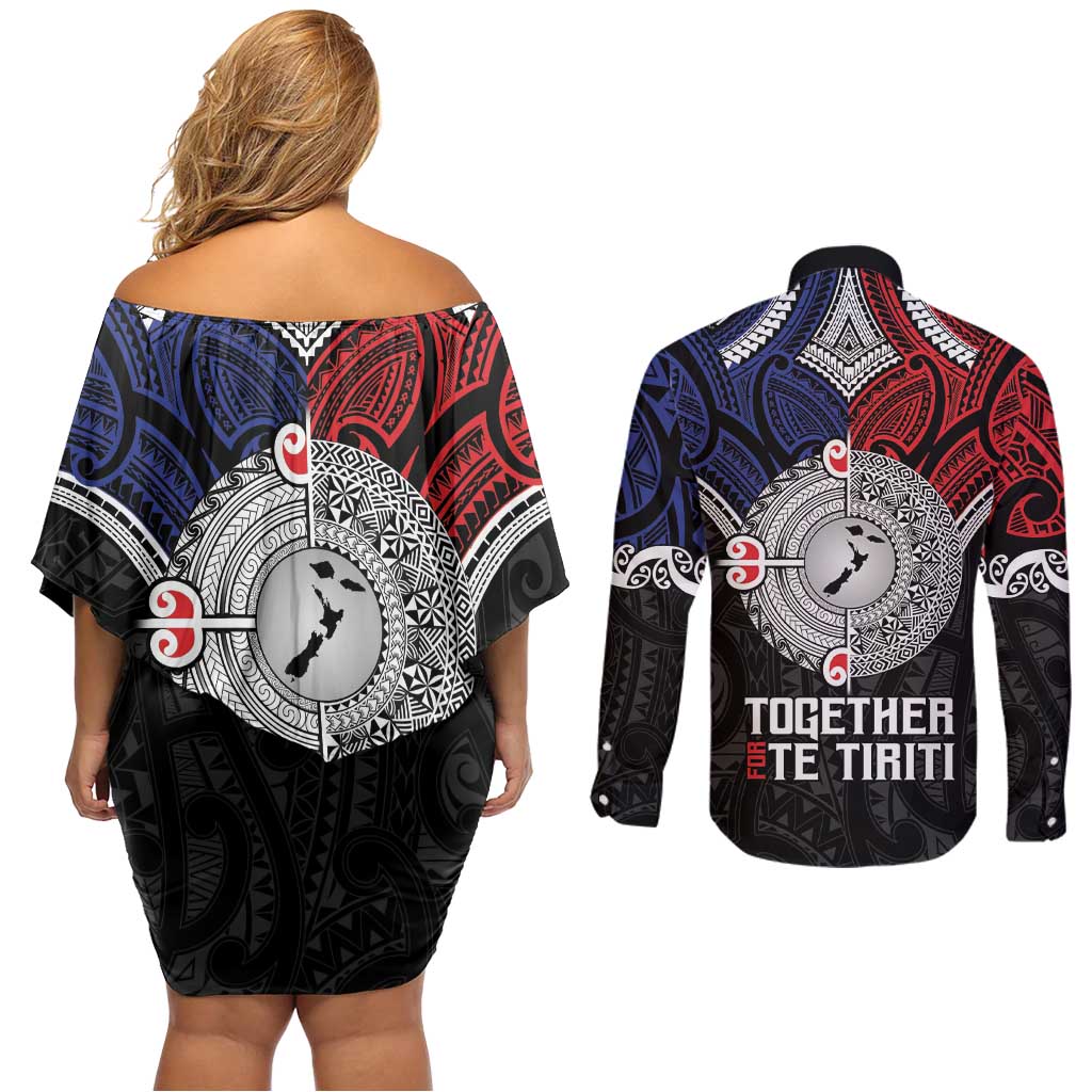 Aotearoa and Samoa Mo Te Tiriti Couples Matching Off Shoulder Short Dress and Long Sleeve Button Shirt Tangata Moana Stand with Tangata Whenua